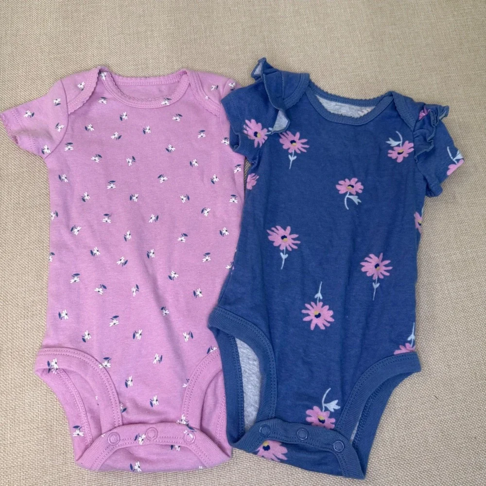 Carters Child of Mine 2 Pack Floral Bodysuits Pink Blue 0-3M Short Sleeve Ruffle